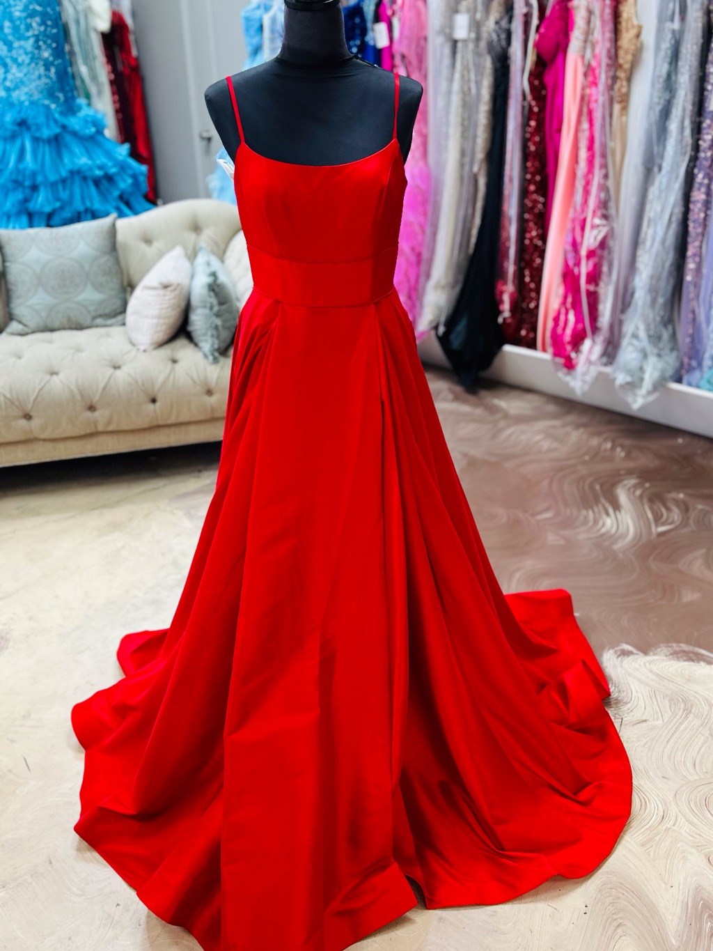 Red Satin Spaghetti-Strap Prom Gown
